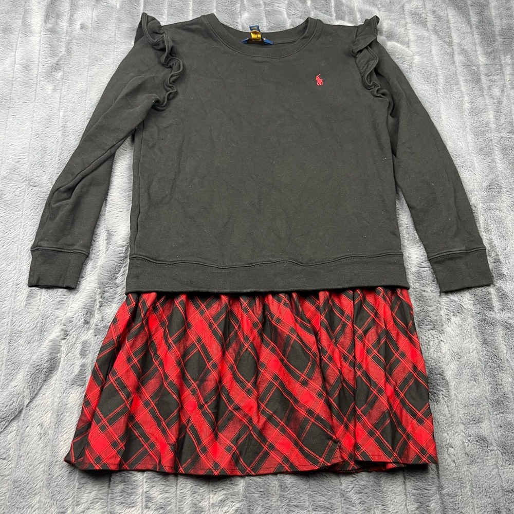 Polo Ralph Lauren Girls XL 16 Black Sweatshirt Plaid Skirt Ruffle Dress Holiday